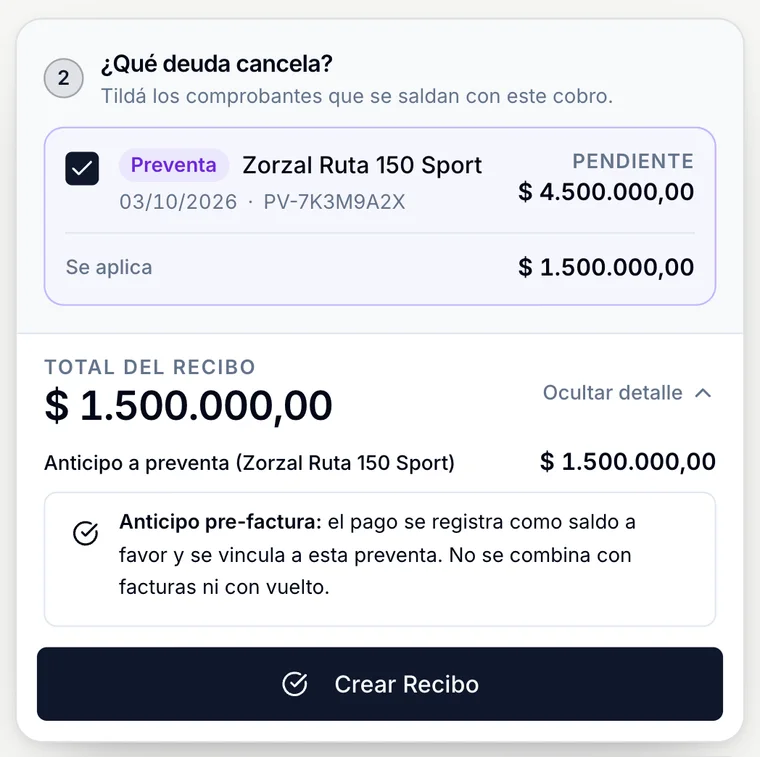 Registrar nuevo pago: recibo de 1.500.000 aplicado como anticipo a una preventa.